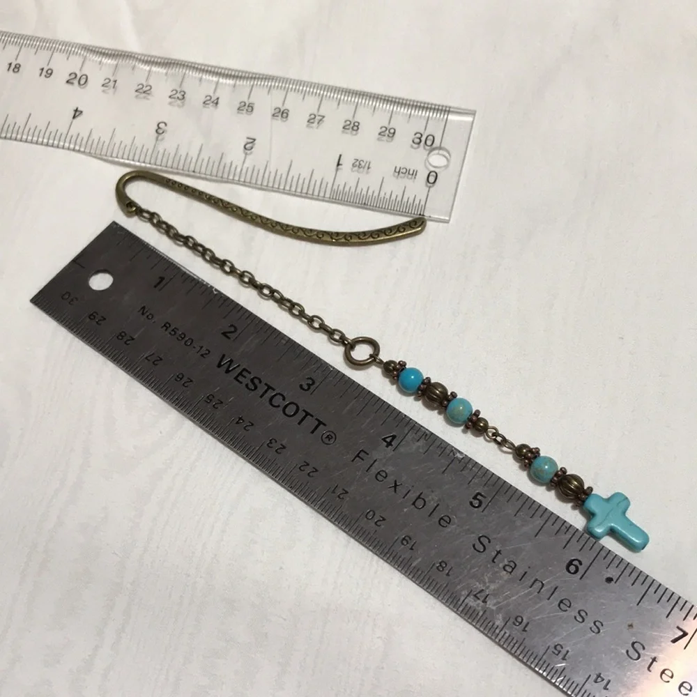 Metal Shepherd's Hook Bookmark w/Chain Metal Beads Turq Magnesite Gemstone Beads